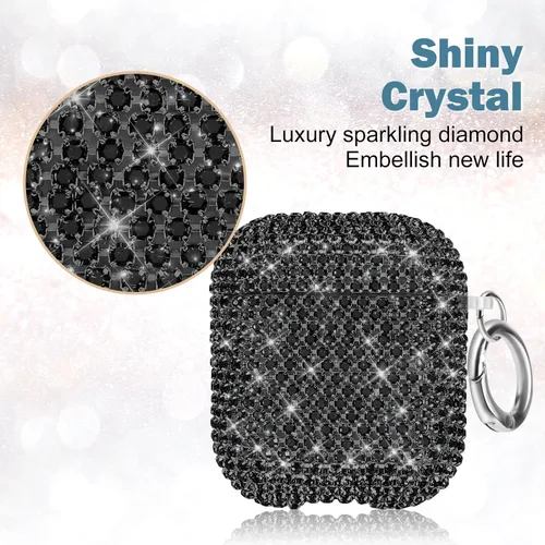 Vista 2 de Newseego Funda para AirPods de 1 y 2 generación, funda de lujo con diamantes de imitación brillantes con llavero para mujeres y niñas, anti-pérdida