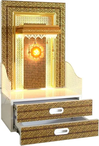 Vista 2 de Pooja MANDIR - Templo Pooja de madera para diseño de hogar con doble cajón e iluminación LED, tamaño (L X B X H - en pulgadas): 24.00 X 18.00 X 54.00