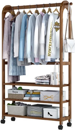 Vista 9 de Bamboo Clothes Rack with Wheels,Garment Rack,Multifunctional Entryway Clothing Storage,Hanging Rod for Small Spaces,with Shoe Storage Shelf and