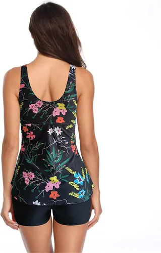 Vista 4 de Traje de baño de dos piezas con estampado vintage y tirantes en la espalda para mujer, con control de abdomen