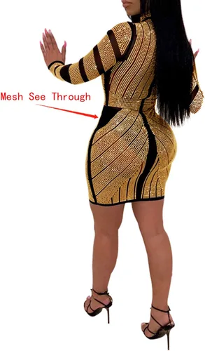 Vista 2 de PORRCEY Vestido sexy de malla de manga larga para mujer, con diamantes de imitación, para fiesta, club, noche, para mujer