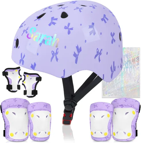 Vista 13 de Casco para niños, casco de bicicleta para niños pequeños con pegatinas DIY Unicornio, rodilleras y coderas ajustables, juego de protección para Rosa