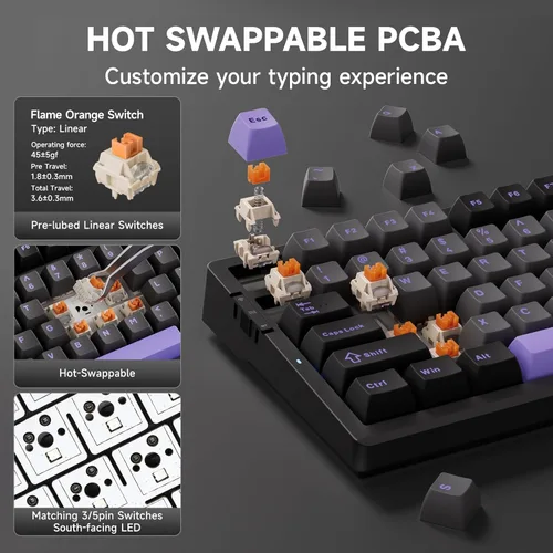 Vista 4 de MCHOSE Teclado mecánico inalámbrico G98 PRO, teclado para juegos de conexión de tres modos, estructura de junta personalizada intercambiable