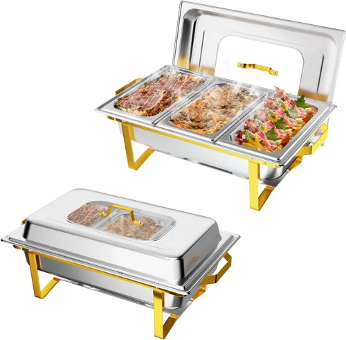 Vista 12 de ROVSUN Platos dorados para bufé, juego de bufé de 9 cuartos con tapa de vidrio, servidores y calentadores de bufé de acero inoxidable con marco