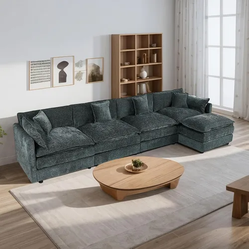 Vista 49 de Setawix Sofá Profundo de 3 Plazas con Otomana, Sofás de Nube en Forma de L de 112.2" para Sala de Estar, Sofá de Nube de Chenilla con Asiento Café