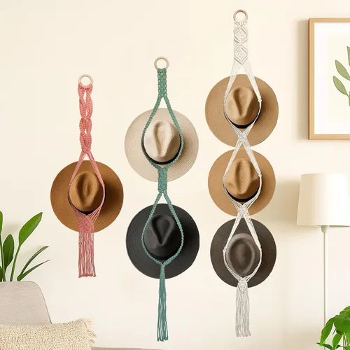 Vista 8 de Besoamo Perchas bohemias para sombreros, organizador de sombreros para pared, macramé para colgar en la pared, tejido a mano, organizador decorativo