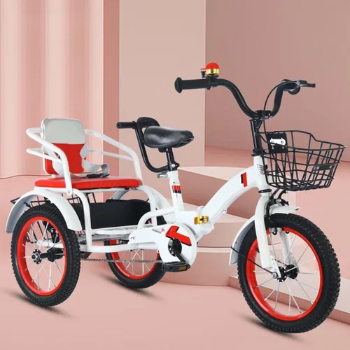 Vista 15 de Triciciclos plegables para niños con mango parental, triciclos tándem de 3 a 10 años con asiento trasero del pasajero, silla de montar ajustable