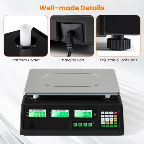 Vista 9 de Goplus Báscula de cálculo de precios de 88 lb/40 kg, báscula digital comercial de alimentos con función de conteo, plataforma de acero inoxidable