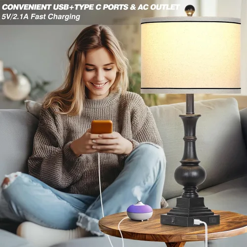 Vista 5 de Juego de 2 lámparas de mesa estilo granja, lámparas de noche vintage con puertos de carga USB A+C y salida de CA, lámpara rústica de 26 pulgadas