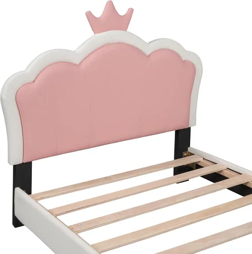 Vista 7 de Cama de plataforma tapizada de tamaño individual, marco de cama de plataforma de madera con cabecera en forma de corona, elementos de dibujos