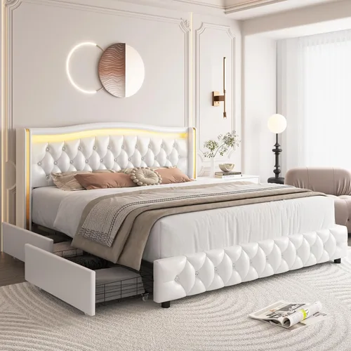 Vista 10 de Hifit Base de cama LED, tamaño individual, cabecera capitoné con botones de cristal, 4 cajones, moderna, piel sintética, de princesa, para niñas,