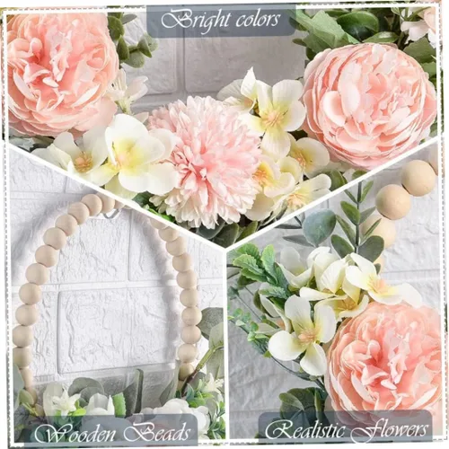 Vista 2 de Guirnalda decorativa multiusos de primavera, corona floral de cuentas de madera, flor artificial con hojas de eucalipto, aro colgante para boda