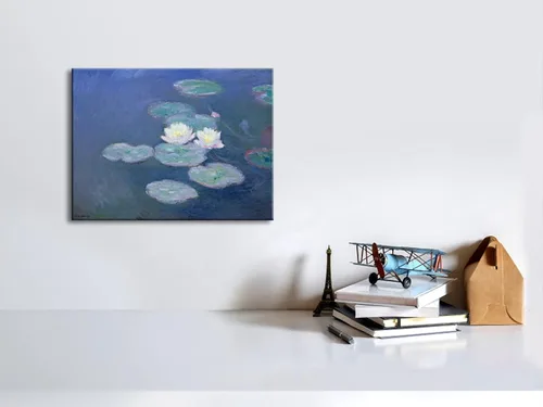 Vista 3 de Wieco Art Lienzos de nenúfares - Arte de pared de Claude Monet famosas pinturas al óleo florales de reproducción estirada y enmarcada con imágenes