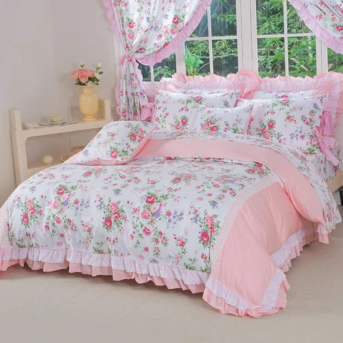 Vista 20 de FADFAY Juego de funda de edredón con estampado floral de roseta, juego de ropa de cama de encaje con volantes para niñas, 3 piezas