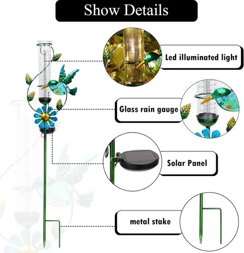 Vista 7 de MUMTOP Medidor de Lluvia para Exteriores, Estaca Decorativa de Colibrí de Metal con Flores, Alimentada por Energía Solar para Césped, Patio y Jardín