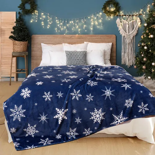 Vista 3 de Manta de Navidad con copos de nieve azul, manta de franela de forro polar súper suave, manta de invierno de felpa cálida, decoración navideña