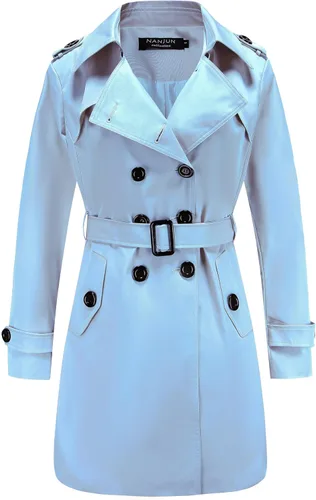 Vista 10 de NANJUN Gabardina de doble botonadura para mujer, abrigo clásico con solapa, ropa de abrigo delgada impermeable con hebilla de cinturón A-caqui