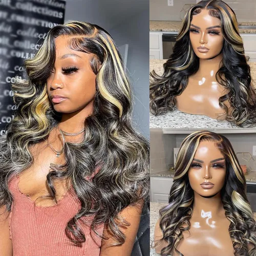 Vista 6 de Lemoda FB/27 Balayage - Pelucas de cabello humano con encaje frontal de 13 x 6 pulgadas, color degradado, ondulado, HD, transparente, encaje