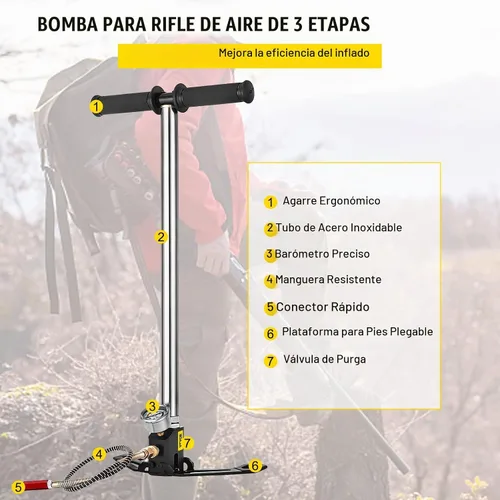 Vista 3 de BestEquip Airgun PCP Pump 4500PSI Bomba de mano de alta presión Bomba de 3 etapas Bomba de aire PCP