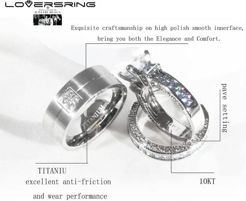 Vista 3 de LOVERSRING Juego de anillos de boda de acero inoxidable con circonita cúbica chapada en oro blanco