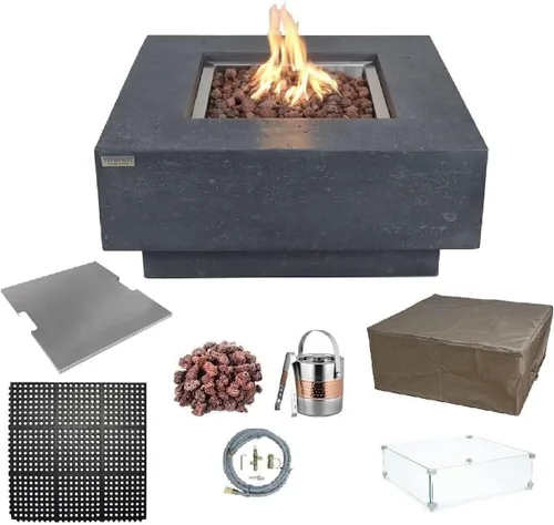 Vista 10 de Elementi Manhattan - Juego de mesa de fuego de gas de hormigón, encendido electrónico para exteriores, cubierta de lona, roca de lava incluida claro