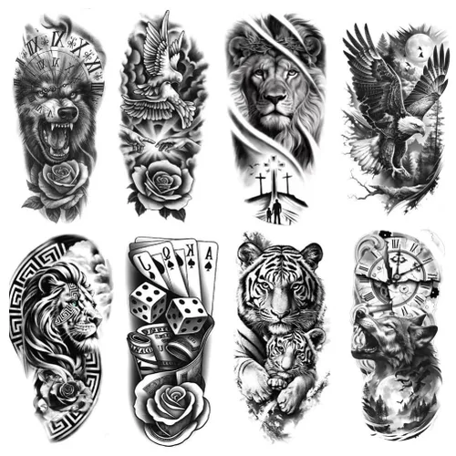 Vista 15 de 8 hojas de calcomanías temporales para tatuajes temporales de pierna de brazo de león del bosque, Jesús, cráneo, cráneo, rosa, corona de rosas