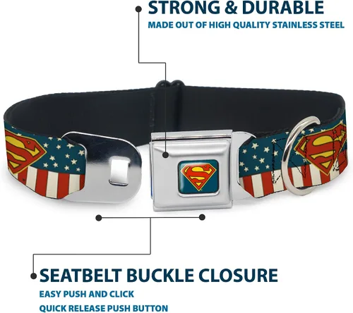 Vista 4 de Buckle-Down Collar de perro con hebilla de cinturón de seguridad, Superman Shield Americana Rojo/Blanco/Azul/Amarillo – 1 pulgada de ancho – Se
