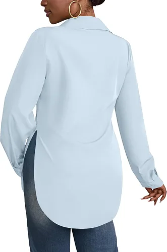 Vista 6 de Rooscier Blusa larga con cuello en V para mujer, manga larga, abertura lateral, con botones