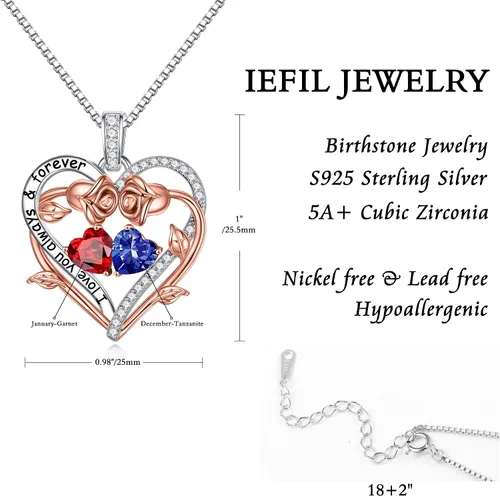 Vista 5 de Iefil Rose Heart Double Birthstone Necklace Gifts for Wife Girlfriend Her Women, Birthstone Jewelry Gemstone Birthday Gifts for Mom Grandma Her Wife