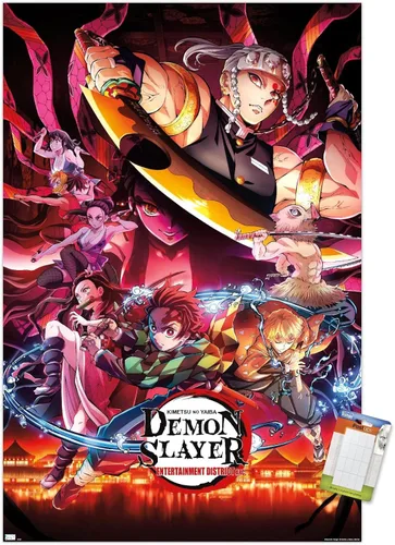 Vista 18 de Demon Slayer - Póster de pared Key Visual 1, 22.4 pulgadas de largo x 14.7 pulgadas de ancho, versión enmarcada de madera de granero