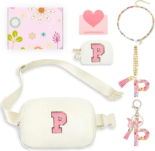 Vista 38 de Regalos de moda para niñas adolescentes, cangurera con monograma para niña con llavero, collar, dijes de taza, tarjeta de felicitación y caja