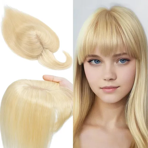 Vista 10 de SEGO Toppers de cabello humano 100% real, con flequillo de aire, base de seda 150% de densidad, topper con clip, 2.7 x 5.1 pulgadas, piezas