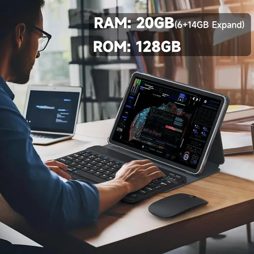 Vista 7 de PEICHENG Tablet 12" Android15.0, juego de pestañas con estuche/teclado/ratón/lápiz capacitivo, octa-core RAM 20GB (6GB+14GB expandir)+ROM 128GB IPS