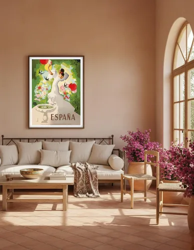 Vista 5 de España (España) - Bailarina con fuente y pájaros - Póster de viaje vintage por Marcias José Morell c.1941 - Impresión artística maestra (sin marco)