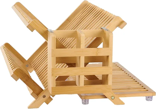 Vista 9 de NOVAYEAH Escurridor de platos de madera de acacia para encimera de cocina, 2 niveles, plegable, escurridor de platos de bambú con soporte