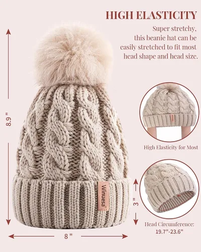 Vista 2 de 3 gorros para mujer con pompón, gorro de punto para mujer invierno y otoño, sombreros de invierno cálidos de moda para mujer