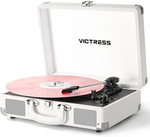 Vista 16 de Tocadiscos de vinilo con entrada y salida Bluetooth, tocadiscos portátil vintage de maleta, tocadiscos LP de 3 velocidades con conversión de vinilo