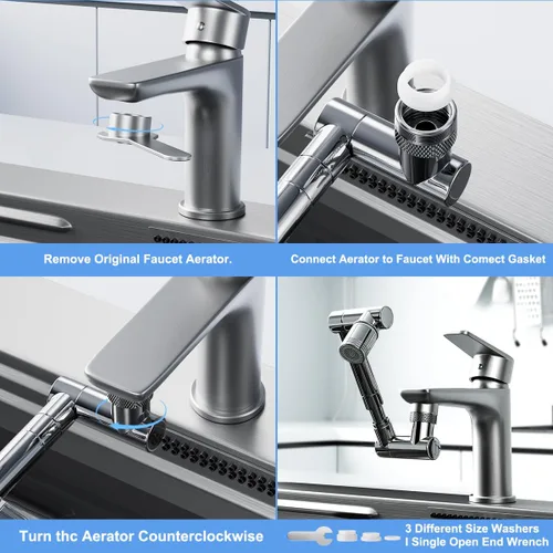 Vista 8 de Extensor de grifo giratorio de 1440°, extensor de aireador de grifo de fregadero, filtro extensible giratorio, con 2 modos de protección contra