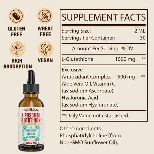 Vista 2 de Jagielolia Líquido de glutatión liposomal de 2000 MG, fabricado en los Estados Unidos, suplemento de glutatión reducido, absorción mejorada, sin