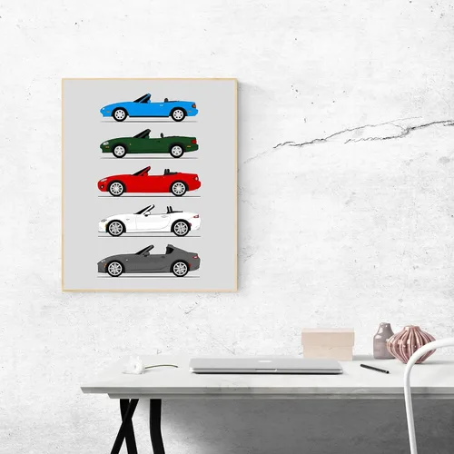Vista 4 de Custom Car Posters Póster hecho a mano compatible con Mazda Miata (perfil lateral), decoración de la NA, NB, NC, ND, Miata Generations History