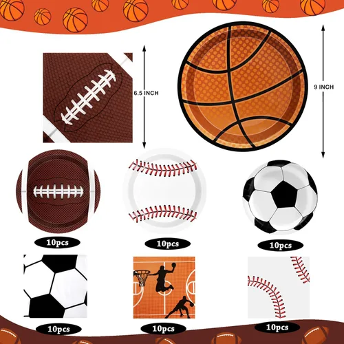 Vista 2 de Decoraciones deportivas para fiestas de cumpleaños, 80 unidades, platos y servilletas para fiestas deportivas, béisbol, fútbol, baloncesto, rugby