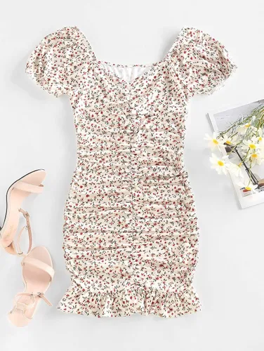 Vista 2 de ZAFUL Vestido corto de sirena fruncido con estampado Ditsy y mangas abombadas para mujer, con estampado floral de margaritas y hombros descubiertos