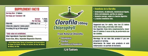 Vista 6 de Clorofila en tabletas. Set de 2 frascos con 120 tabletas CADA uno. Desintoxicica y purifica la Sangre, ayuda a la digestión, combate estrenimiento