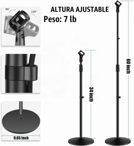 Vista 3 de GLEAM Soporte para micrófono, soporte de micrófono desmontable para el suelo, soporte de brazo de micrófono con base redonda pesada, altura