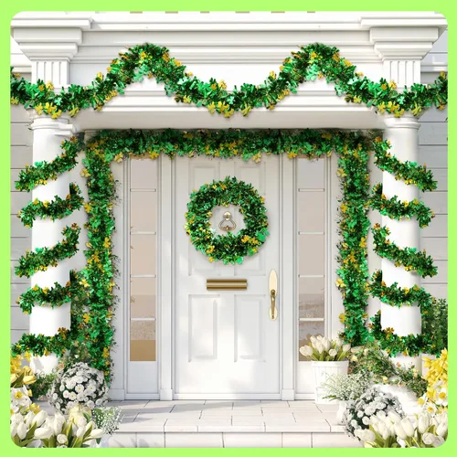 Vista 2 de Riceshoot Guirnalda de Oropel del Día de San Patricio de 131.23 pies, Guirnalda Metálica de Trébol Irlandés, Decoraciones para Árbol de San