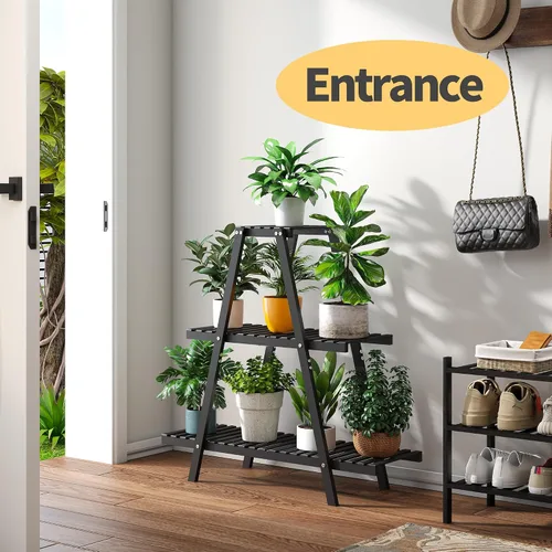 Vista 6 de Soporte de bambú para plantas interior/exterior, 3 niveles, negro, rectangular, 8 macetas para flores, estante para plantas