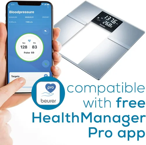 Vista 3 de Beurer Báscula inteligente BF720 para peso corporal, grasa corporal, agua corporal y más, capacidad de 400 libras, aplicación Bluetooth, datos