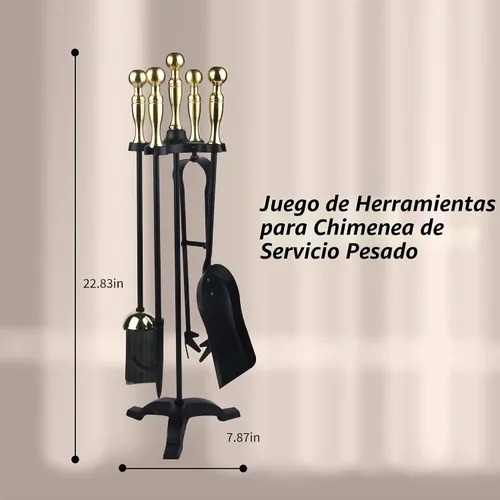 Vista 3 de Juego de herramientas para chimenea de 5 piezas con soporte, kit de herramientas de hierro forjado con póster, pinzas, pala, cepillo y base