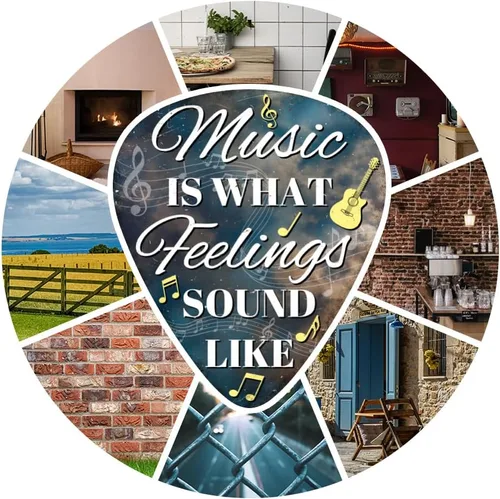 Vista 4 de GLOBLELAND Letrero de metal con diseño de púa de guitarra, diseño vintage con texto en inglés "Music is What Feelings Sound Like Signs", póster