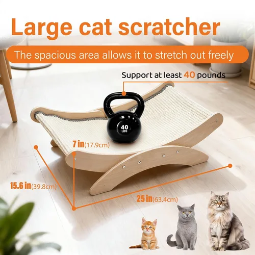 Vista 4 de Cama rascador de sisal extra grande para gatos de interior, poste rascador natural de 25 pulgadas para gatos con hamaca resistente marco de madera